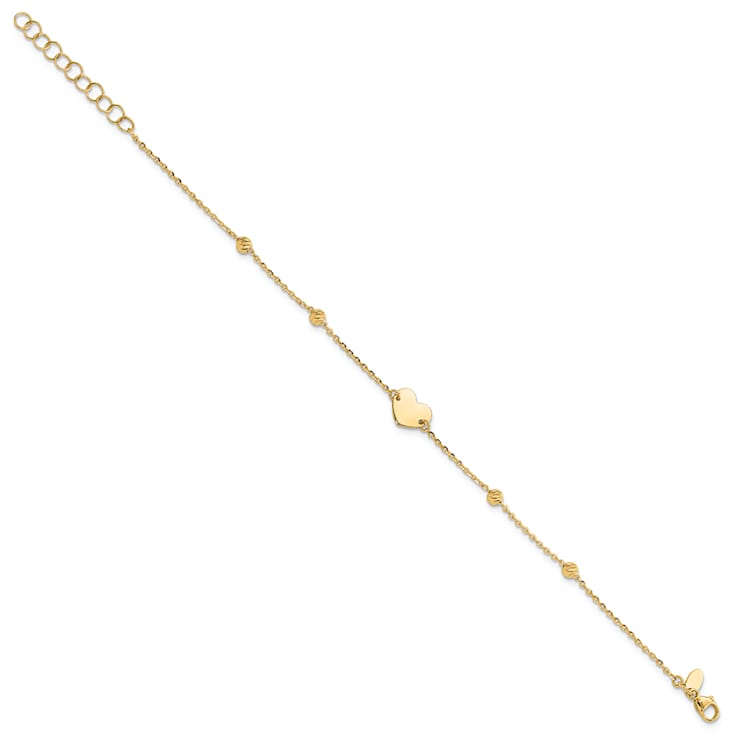14K Yellow Gold Polished and Diamond-cut Heart and Beads Plus 1 Inch
Extension Bracelet