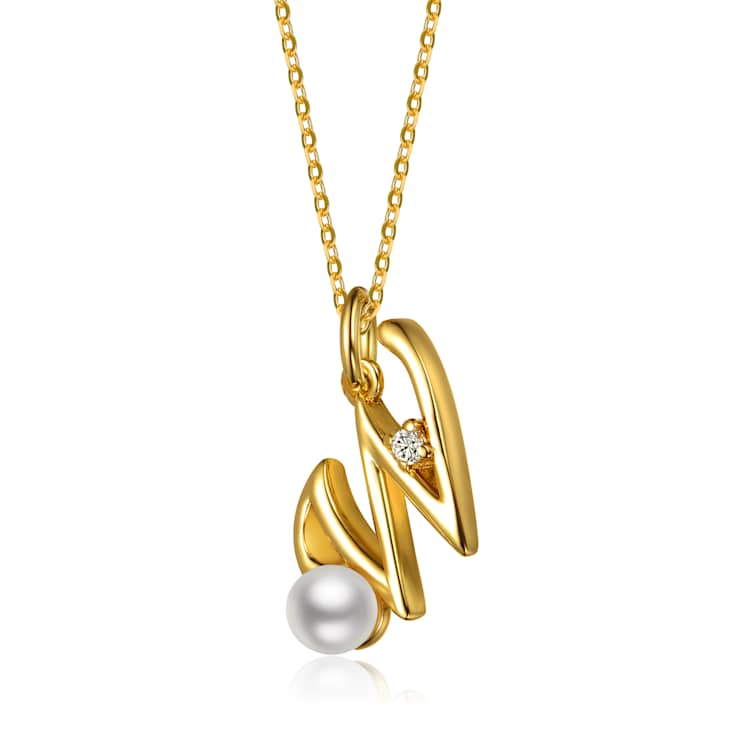 Initial W Pear Shape CZ And Pearl Pendant Necklace In 14K Gold Over Brass