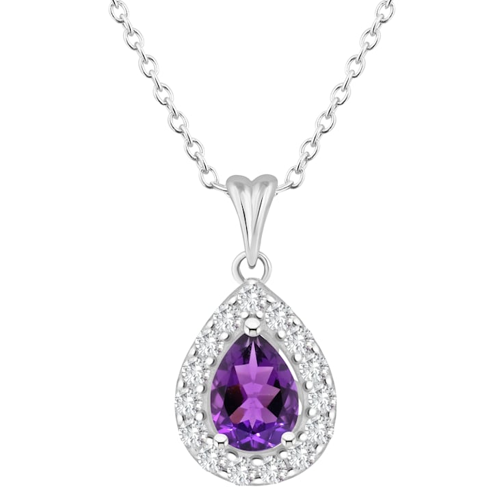 8x5mm Pear Shape Amethyst and White Topaz Accent Rhodium Over Sterling
Silver Halo Pendant w/Chain