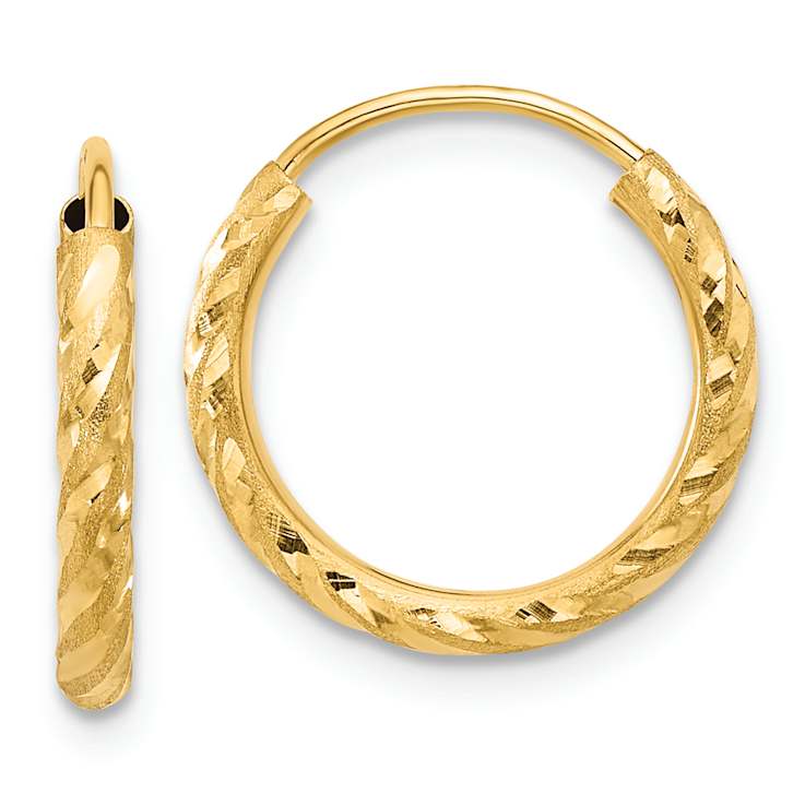 14k Yellow Gold Polished, Satin and Diamond-Cut 9/16" Endless Hoop Earrings