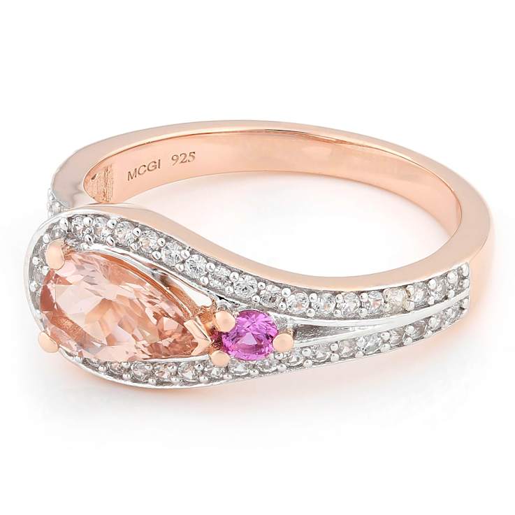 Morganite, Lab Pink Sapphire And White Zircon Two-Tone Ring In 18K Rose
And Rhodium Over Sterling Silver 1.20ctw