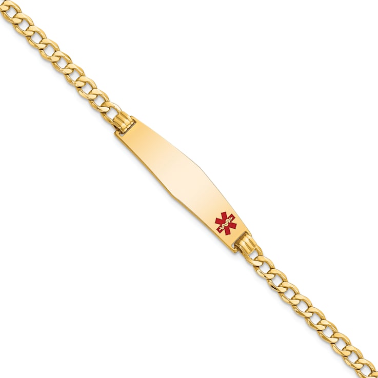 14k Yellow Gold Semi-solid Medical Soft Diamond Shape Red Enamel Curb
Link ID Bracelet