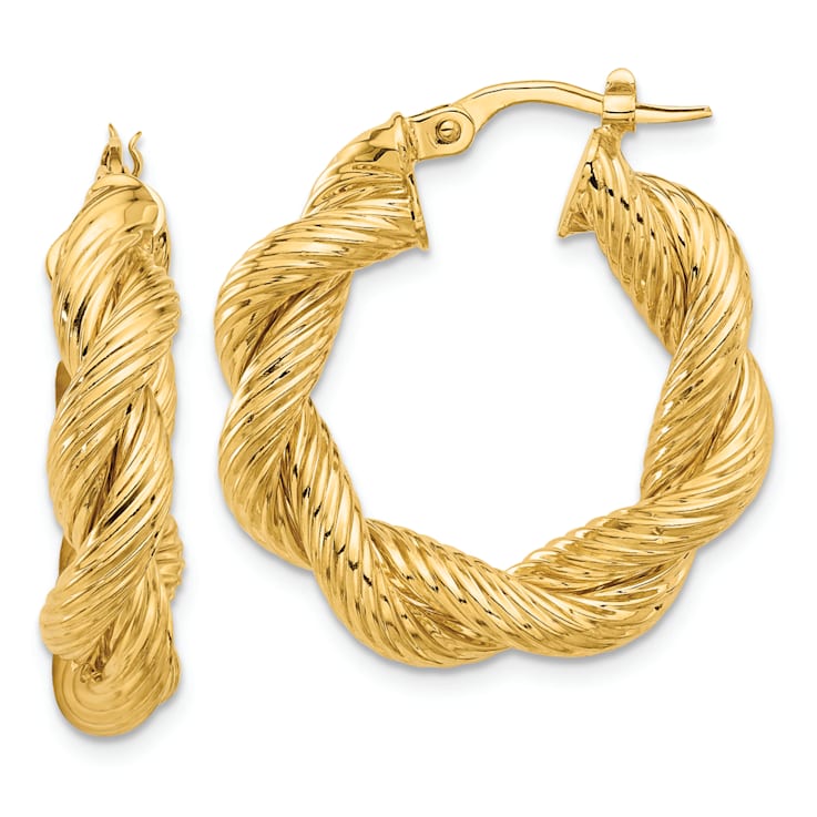 14K Yellow Gold 1" Polished and Textured Twisted Hoop Earrings
