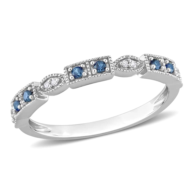 Blue Sapphire and Diamond 10K White Gold Semi Eternity Ring 0.14ctw