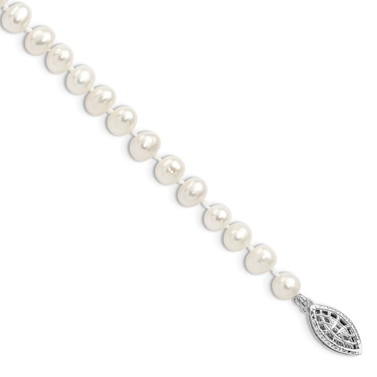 Rhodium Over Sterling Silver 5-6mm White Freshwater Cultured Pearl Bracelet