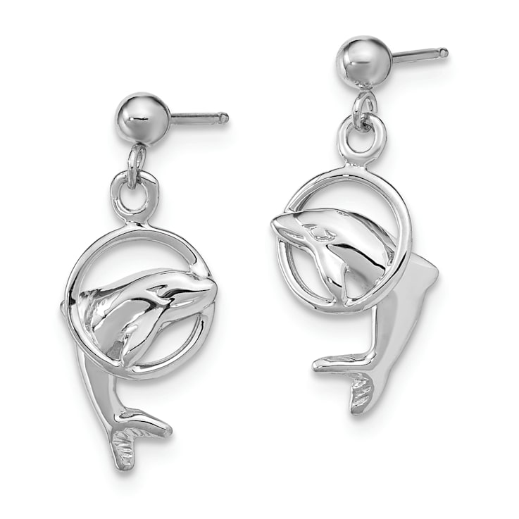 Rhodium Over 14k White Gold Dolphin Dangle Earrings