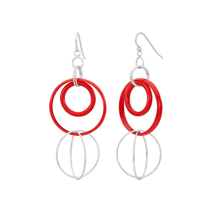 Rhodium Over Sterling Silver Acrylic Axis Drop Earrings in Red