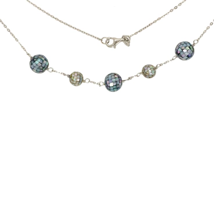 Round Blue and White Mother-Of-Pearl Beaded Sterling Silver Station Necklace