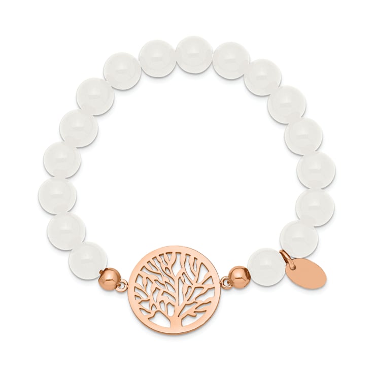 Rose Stainless Steel Polished plated Tree White Jade Stretch Bracelet