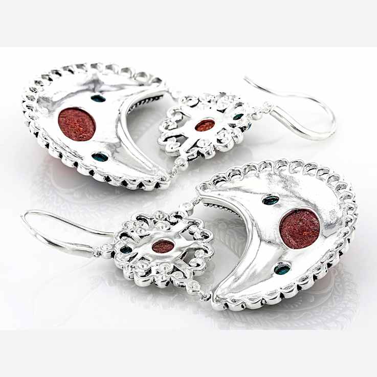 Red Sponge Coral And Turquoise Dangle Earrings In Rhodium Over Brass