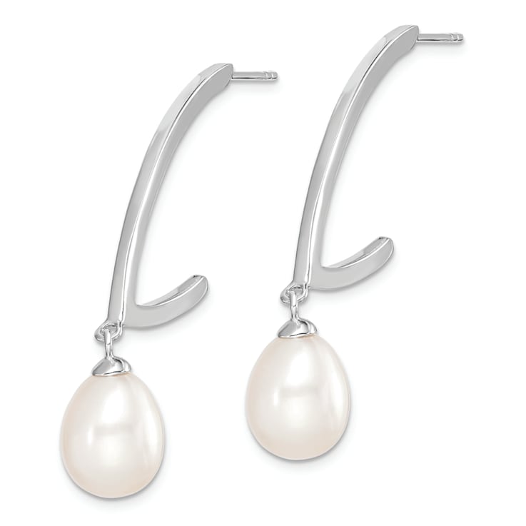 Rhodium Over Sterling Silver 8-9mm White Rice Freshwater Cultured Pearl Earrings