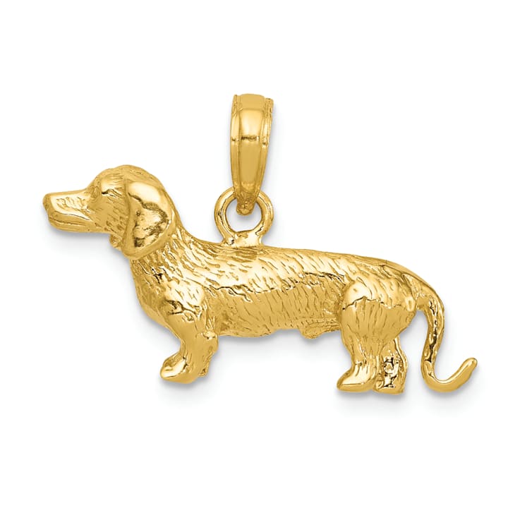 14k Yellow Gold Solid Polished and Textured 3D Wire Haired Dachshund Pendant