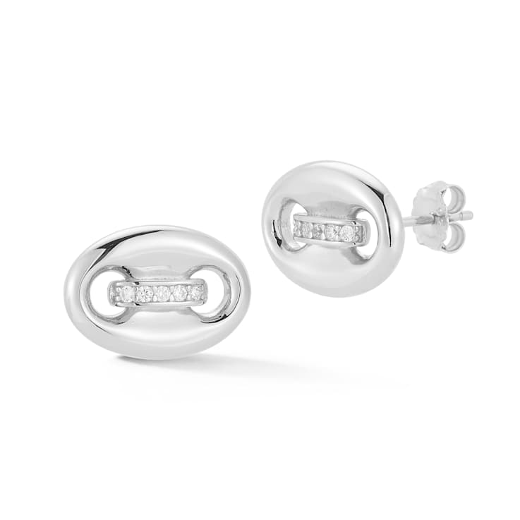 Rachel Zoe CZ Puffed Mariner Link Stud Earrings in Rhodium Over Sterling Silver