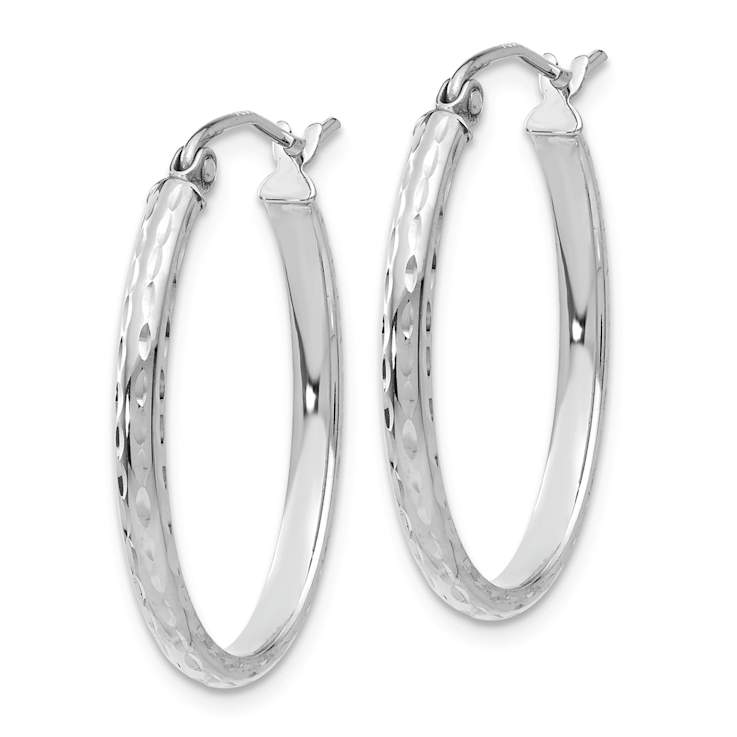 Rhodium Over 14k White Gold Diamond-Cut 1" Oval Hoop Earrings