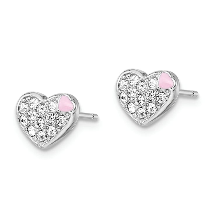 Rhodium Over Sterling Silver Enamel and Crystal Heart Post Earrings