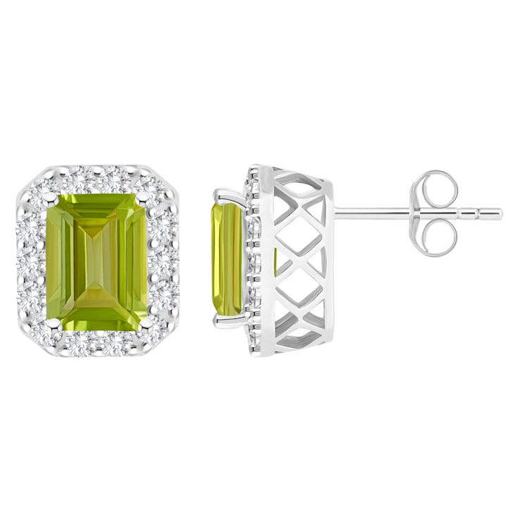 8x6mm Emerald Cut Peridot And White Topaz Accent Rhodium Over Sterling
Silver Halo Stud Earrings