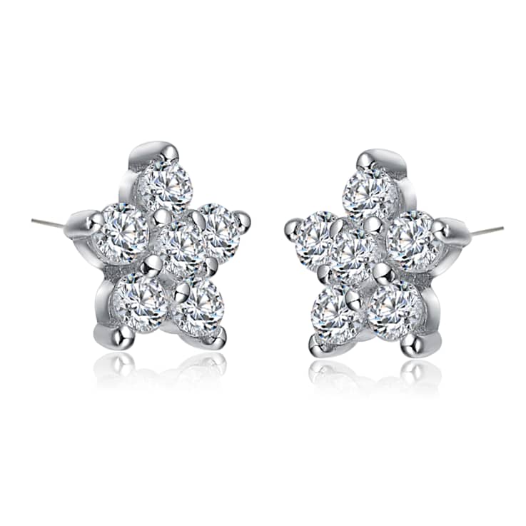 Star Cluster CZ Stud Earrings In White Rhodium Over Brass
