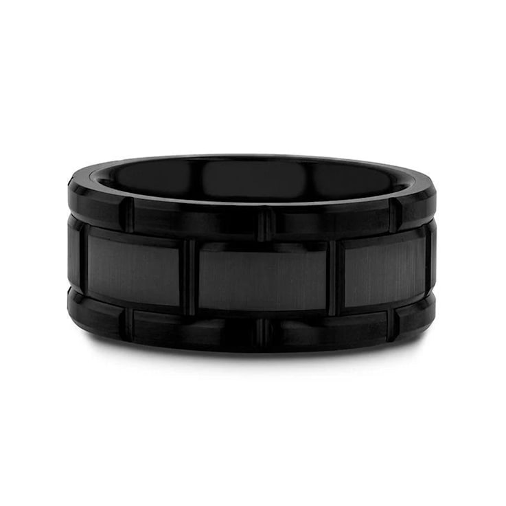 WINDSOR Beveled Black Tungsten Carbide Wedding Band with Brushed Finish
and Alternating Grooves 10mm