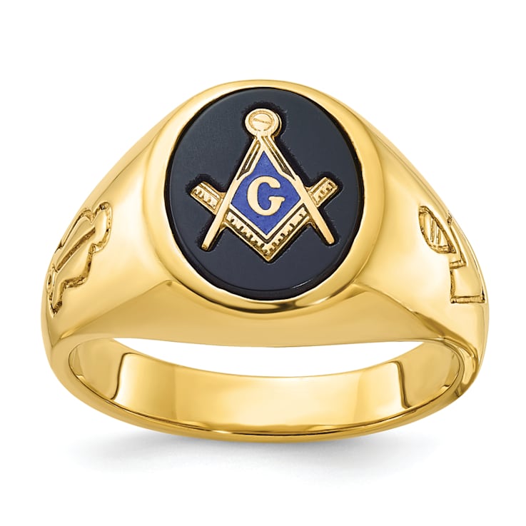 10K Yellow Gold Men's Grooved Onyx Blue Lodge Master Masonic Ring