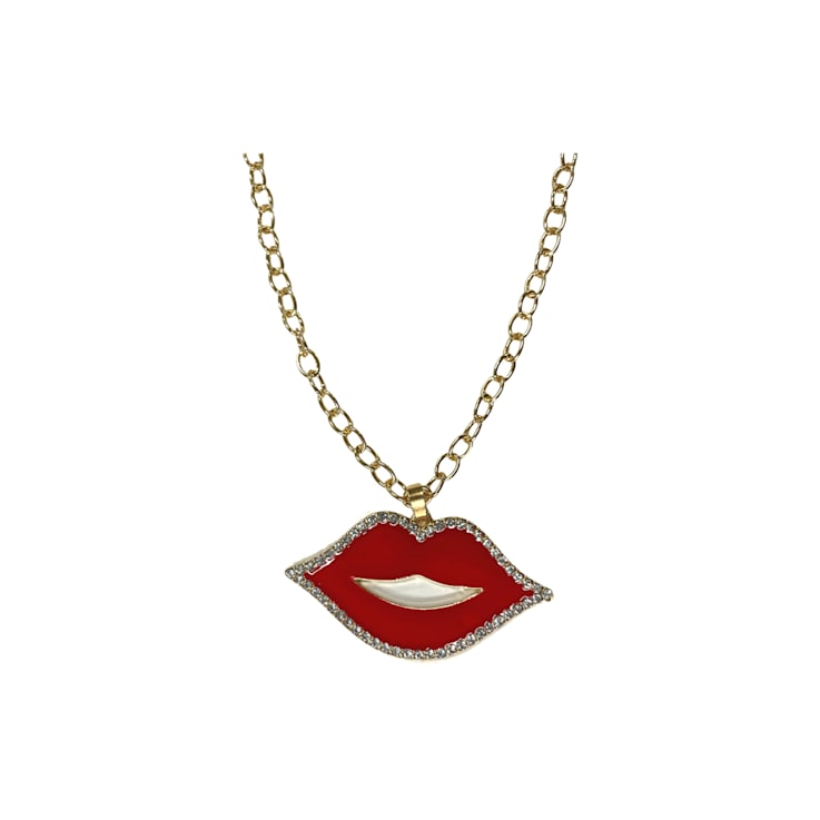 Red Lip with Crystal Pendant Necklace