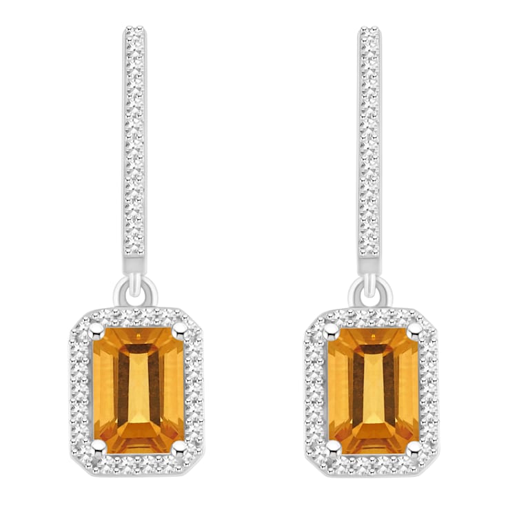 7x5mm Emerald Cut Citrine 1/3 ctw Diamond Rhodium Over Sterling Silver
Halo Dangle Earrings