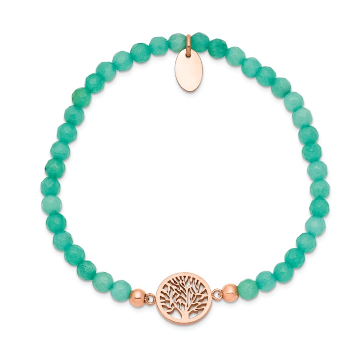 Rose Stainless Steel Polished Tree of Life Mint Jade Stretch Bracelet