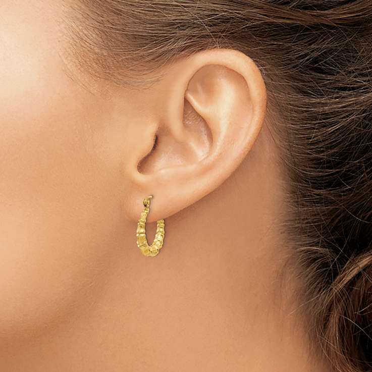 14k Yellow Gold Polished and Textured 7/16" Bamboo Design Hoop Earrings