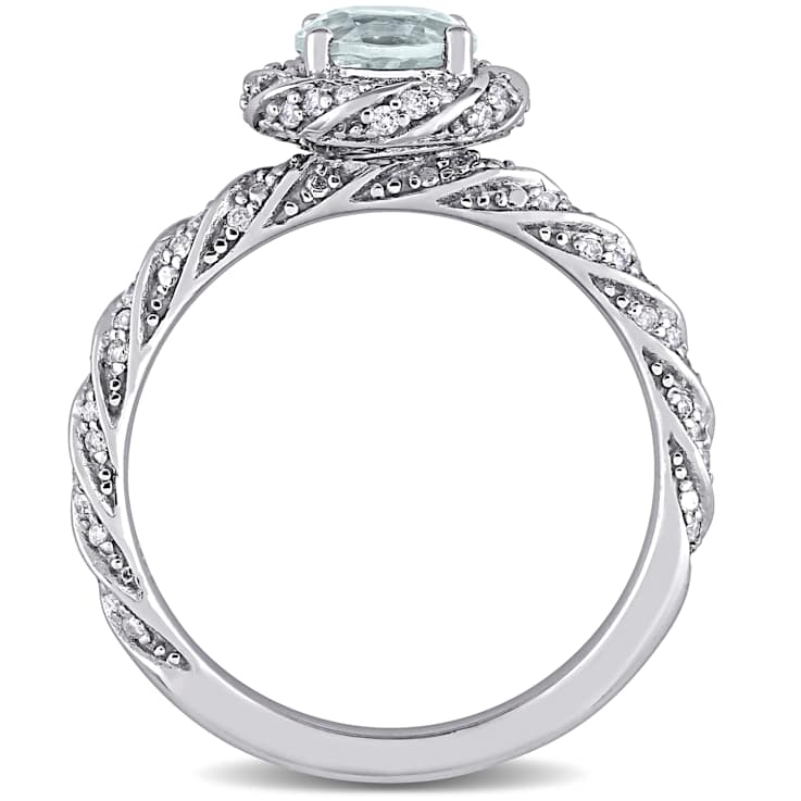 Aquamarine and Diamond 14K White Gold Halo Ring 0.84ctw