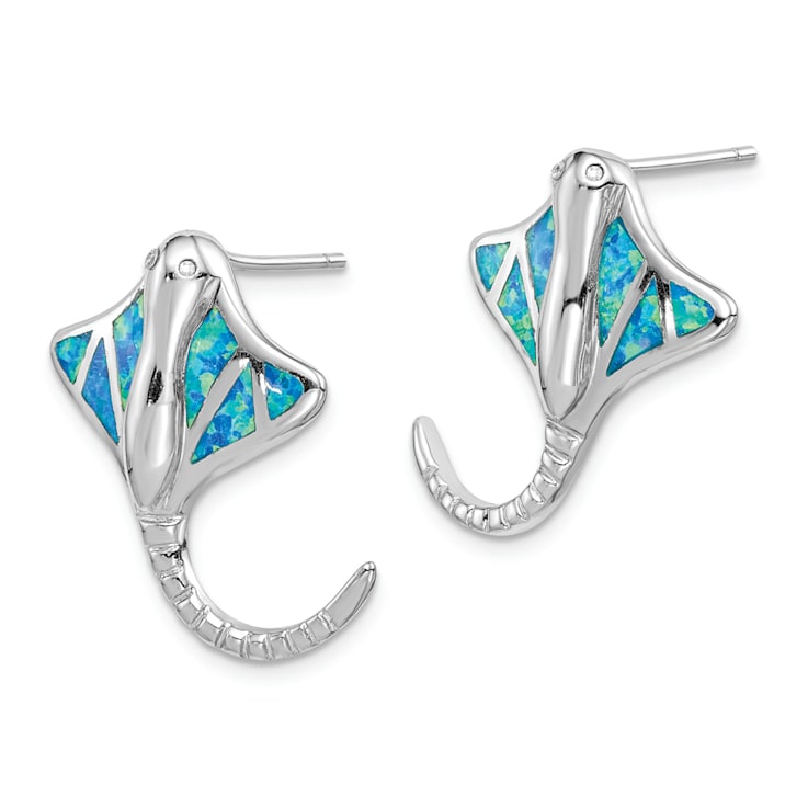 Rhodium Over Sterling Silver Lab Created Opal Stingray Post Earrings