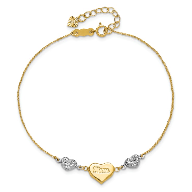 14k Two-tone Gold Puffed Mom Heart and Diamond-Cut Hearts Bracelet