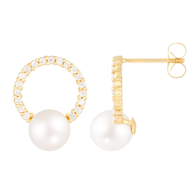 White Cultured Freshwater Pearl 14k Yellow Gold Earrings 7-7.5mm