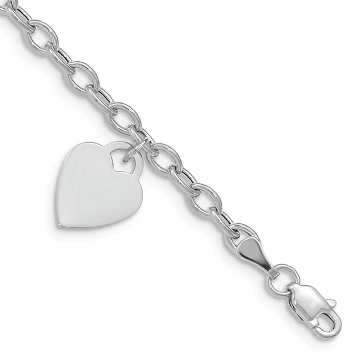Rhodium Over 14K White Gold Dangle Heart Bracelet