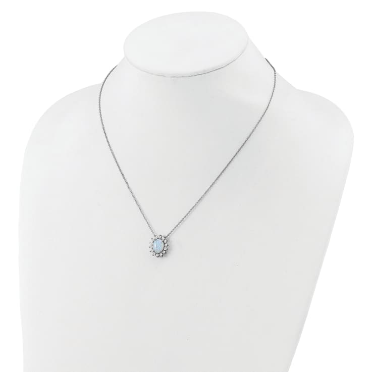 Rhodium Over Sterling Silver Lab Created Opal and Cubic Zirconia Oval
Halo Necklace
