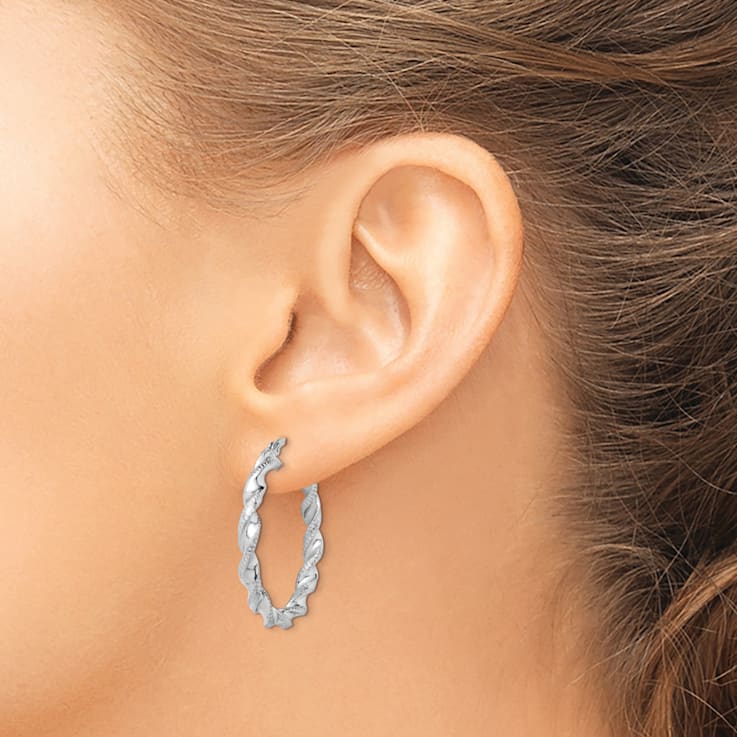 Rhodium Over Sterling Silver Twisted 3.5x30mm Hoop Earrings