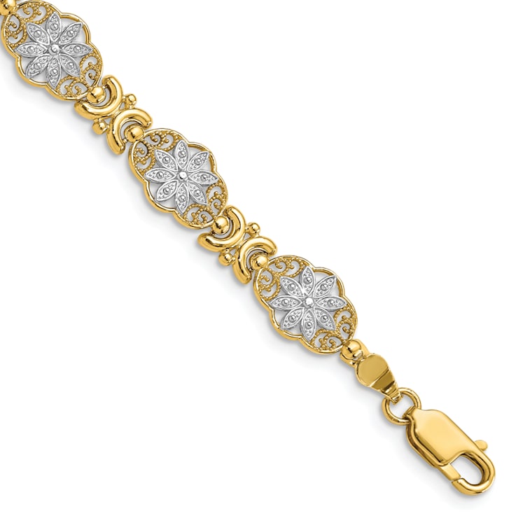 14k Yellow Gold and Rhodium Over 14k Yellow Gold Textured Flower Link Bracelet