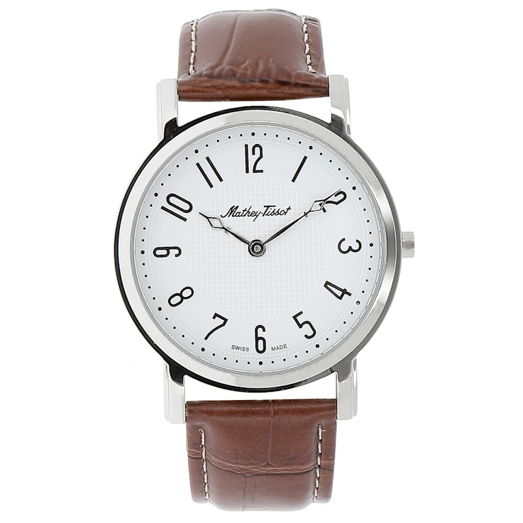 Mathey Tissot Men's City White Dial and Bezel, Brown Leather Strap Watch