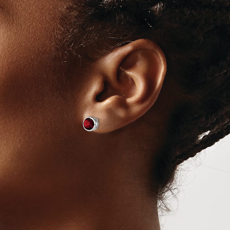 Rhodium Over Sterling Silver Garnet Circle Stud Earrings