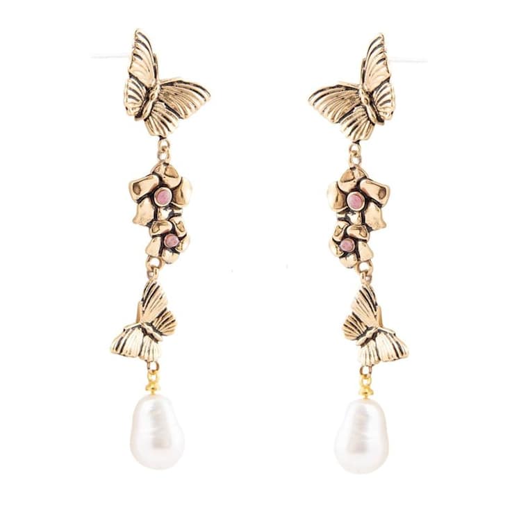 Barse Jewelry Freshwater Pearl With Rhodonite Gold Tone Butterfly Dangle Earrings