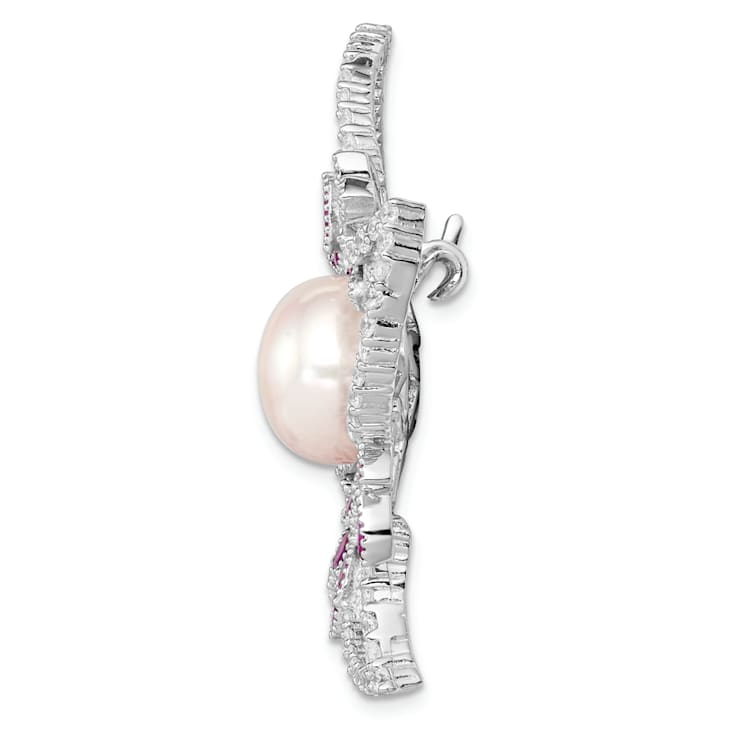 Rhodium Over Sterling Silver 10-11mm White Freshwater Pearl Cubic
Zirconia Pink Corundum Pin