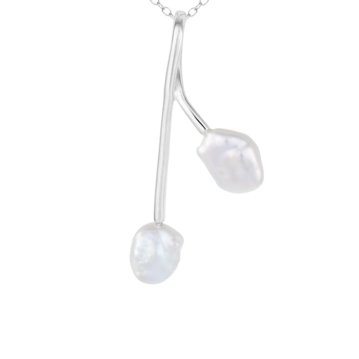 Dangling Keshi Freshwater Double Pearl Pendant in Rhodium Over Sterling
Silver, 18" Chain Included