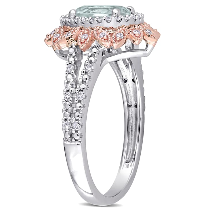 Aquamarine and Diamond 10K White and Rose Gold Shank Ring 0.93ctw