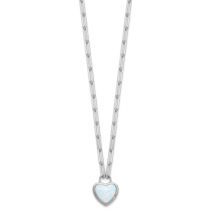 Rhodium Over Sterling Silver Lab Created Opal Heart Paperclip Link Necklace