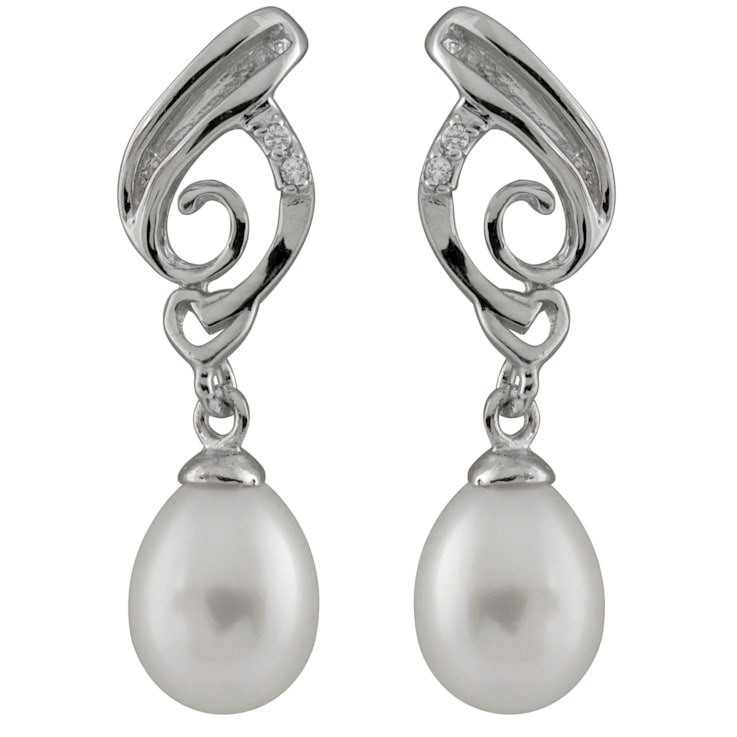7-8mm White Cultured Freshwater Pearl and Cubic Zirconia Rhodium Over
Sterling Silver Earrings
