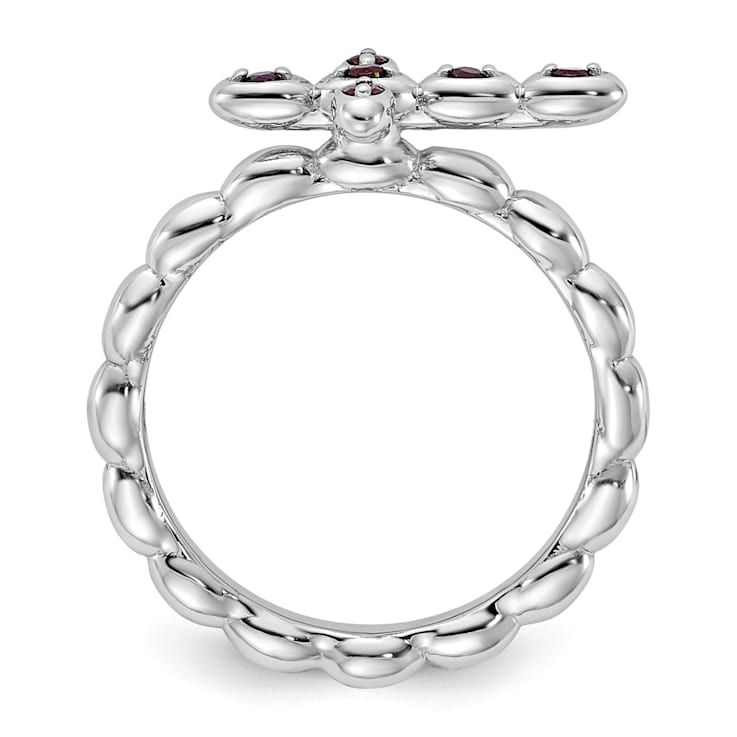 Rhodium Over Sterling Silver Stackable Expressions Cross Garnet Ring 0.14ctw