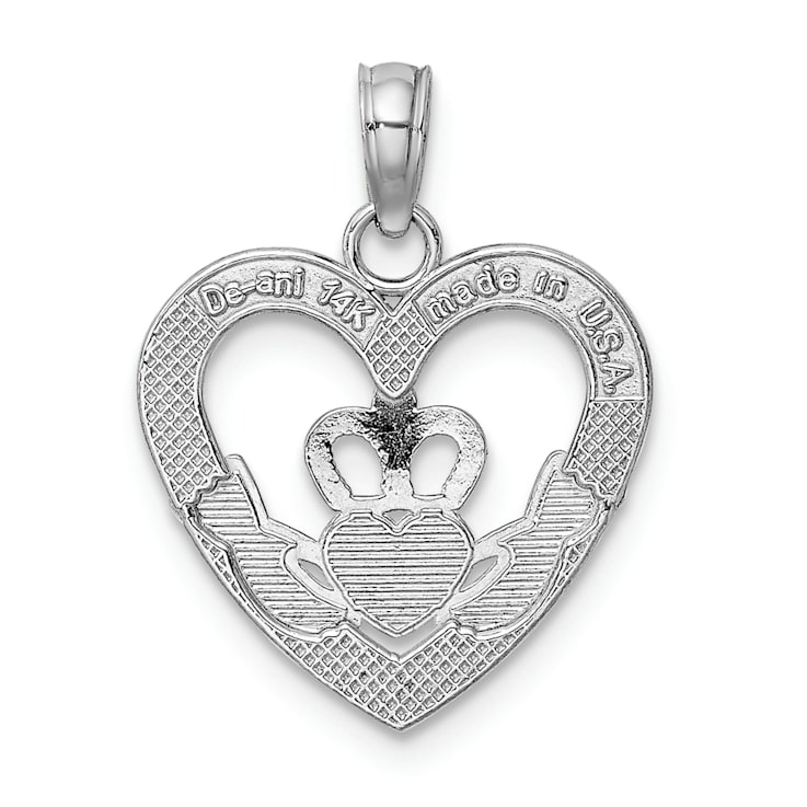 Rhodium Over 14K White Gold Polished/Textured Heart Claddagh Charm
