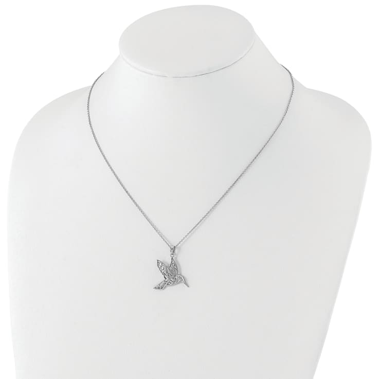 Rhodium Over Sterling Silver Cubic Zirconia Hummingbird Necklace
