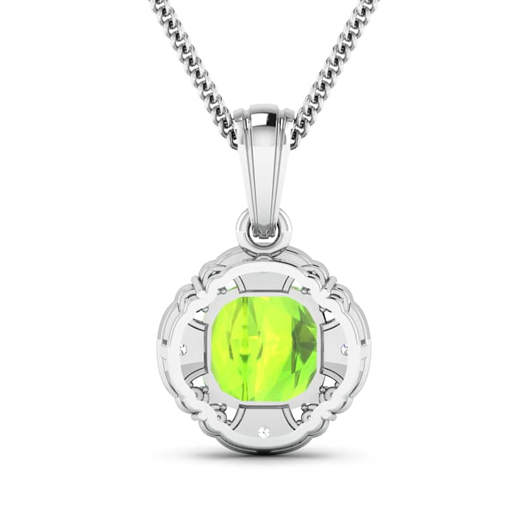 2.02ctw 14K White Gold Cushion Peridot and White Diamond Pendant with 18
inch Cable Chain