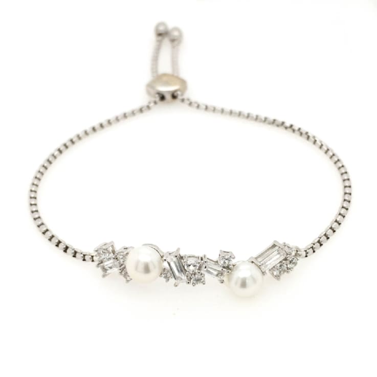 6-6.5mm Button White Freshwater Pearl and White Sapphire Sterling Silver
Bolo Bracelet
