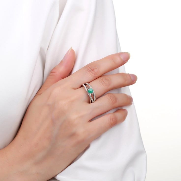 Round Emerald with White Sapphire Accents Sterling Silver Crossover Open
Design Ring, 0.65ctw