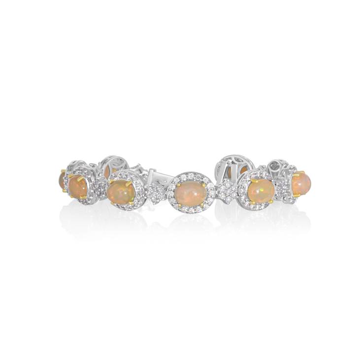 10.50 Ctw White Opal and 5.77 Ctw White Diamond Bracelet in 14K WG